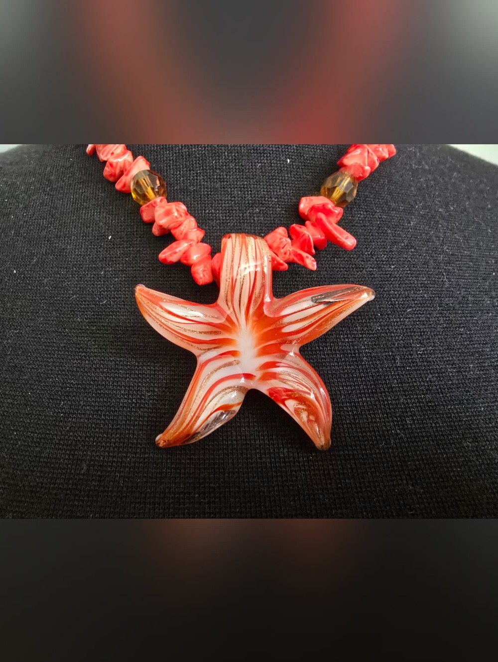 Orange Glass Starfish Pendant Beaded Necklace - Picture 2 of 3